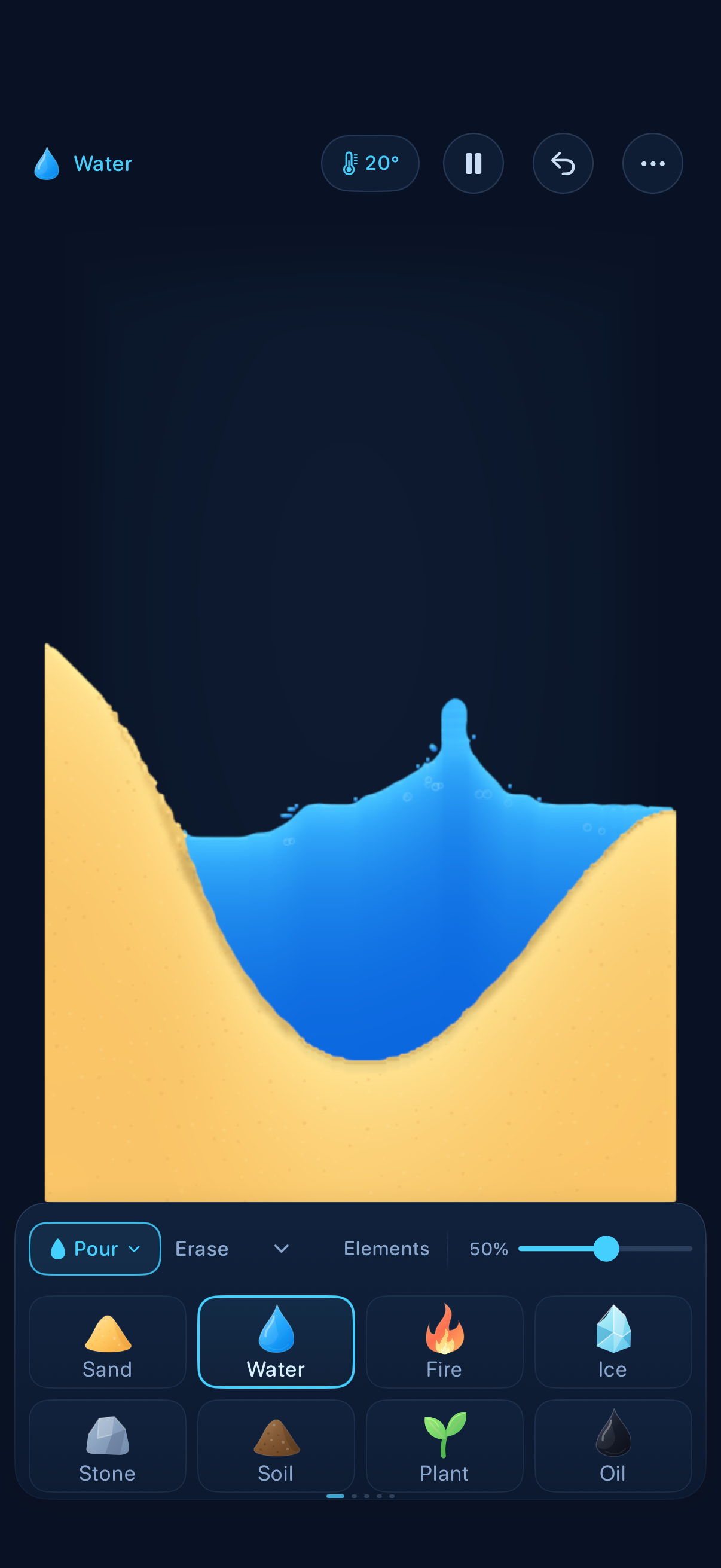 Little Matter gameplay: blue water filling a valley drawn in golden sand, with illustrated material brushes below.